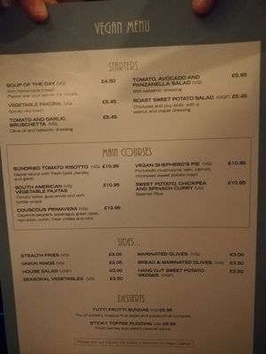 Vegan menu at Garvie & Co in Milngavie