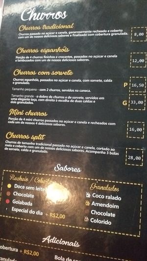Cardápio com sabores e preços dos churros at The Boinas in Sao Paulo