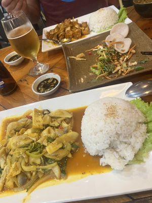 Spicy lemongrass mushroom in the front, mushroom tofu stew in the back #Veganuary at ROM Vegetarian Restaurant in Hoi An