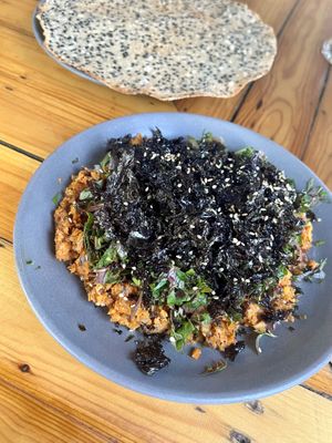 mushroom appetizer and rice cracker  at ROM Vegetarian Restaurant in Hoi An