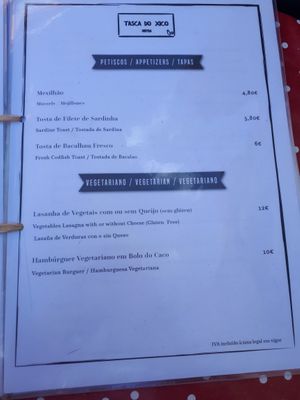 Menu with vegan options.  at Tasca do Xico in Sintra