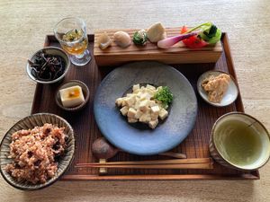 Beautiful spread with some ingredients coming from her own garden.  at Hiyoriya in Yakushima