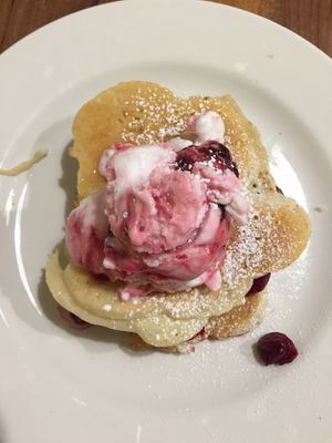 Vegan scotch pancakes with vanilla and cherry coconut milk ice cream and cherry compote at Hanky Panky Pancakes in Chester