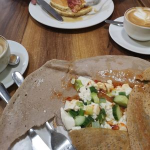 Silken tofu buckwheat pancake with cucumber, spring onion and sweet chilli sauce at Hanky Panky Pancakes in Chester