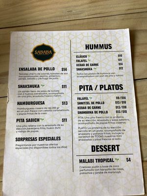 Menu. Vegetarian options marked - confirm vegan when ordering. at Falafel Bocas Sababa in Bocas Del Toro