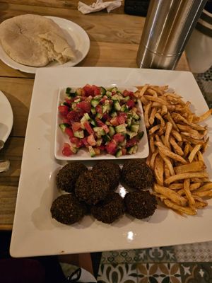 Falafel, salad and fries from Falafel plate at Falafel Bocas Sababa in Bocas Del Toro