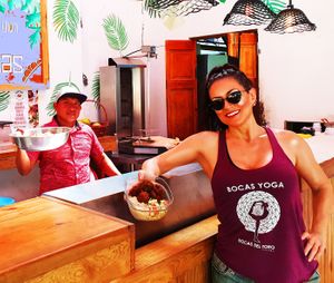 Bring your own to-go container and they fill it up with goodness! Salad, hummus, tahini, falafel. Side of fries. Tip your server.  at Falafel Bocas Sababa in Bocas Del Toro