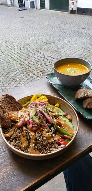 Gado gado salad and pumpkin curry soup at Preps in Maastricht
