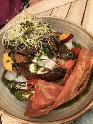 French toast, whipped feta, nectarines, tomatoes, pesto  at Preps in Maastricht