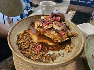 Vegan caramel pancakes with chocolate hummus, walnuts and granola at Preps in Maastricht