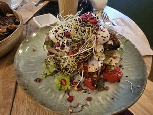 Vegan oatmeal sausage with muhamura and whipped feta at Preps in Maastricht