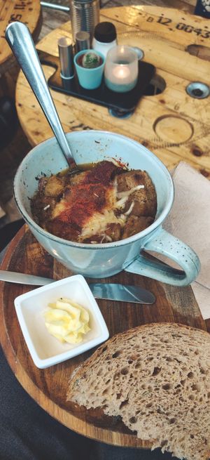 Delicious onion soup with vegan cheese. at Preps in Maastricht