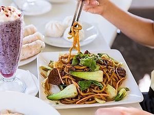 Hokkien Noodles with a Choc Berry Smoothie at Loving Hut in Mount Gravatt
