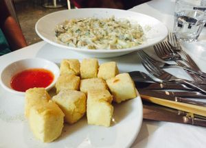 Salt and pepper tofu, mushroom carbonara  at Loving Hut in Mount Gravatt