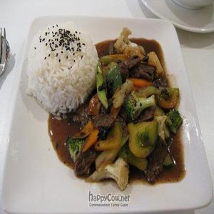 Mock meat, vegies, rice at Loving Hut in Mount Gravatt