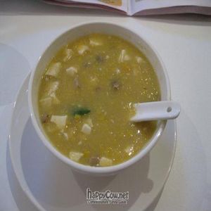Soup with corn, tofu, mock meat chunks at Loving Hut in Mount Gravatt