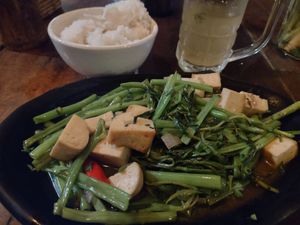 Tofu and fried morning glory at Bamboo Jam in Koh Rong