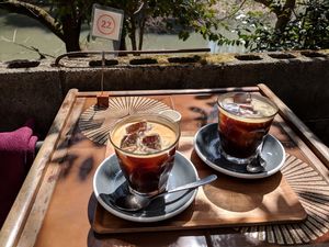 Coffee on the patio at Vermillion - cafe. in Kyoto