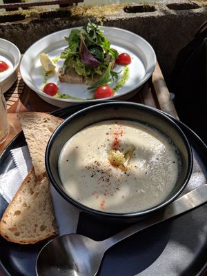Delicious cauliflower soup and avocado toast.  at Vermillion - cafe. in Kyoto