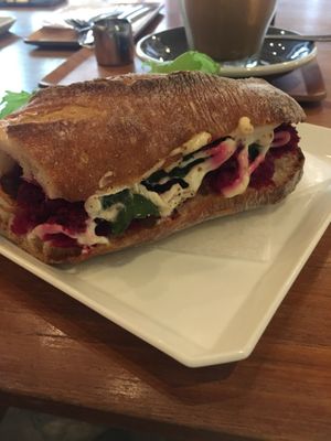 Vegan sandwich with beetroot, veges, and vegan mayo  at Vermillion - cafe. in Kyoto