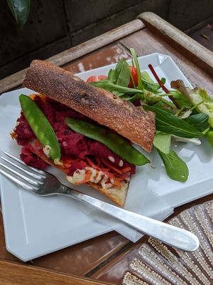 Beet baguette sandwich w vegan Mayo at Vermillion - cafe. in Kyoto