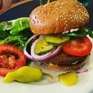 Vegan tofu burger at Aroma Cafe in San Rafael