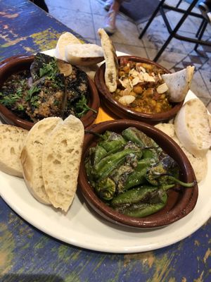 3 tapas: curry, padrons, mushrooms   at The Square Orange in Keswick