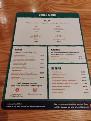 Vegan Menu, Thursday 29th February 2024. at The Square Orange in Keswick