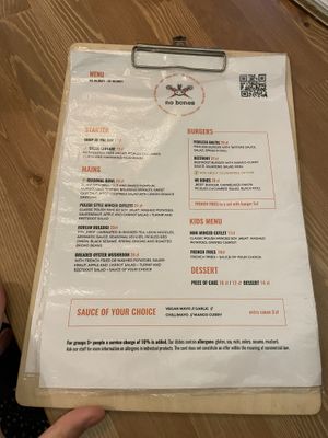 Menu at no bones in Krakow