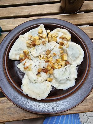 Spinach and tomato Perogi at no bones in Krakow