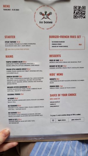 The menu at no bones in Krakow