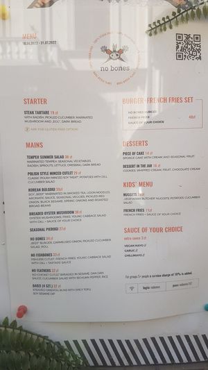 Menu summer 2022 at no bones in Krakow