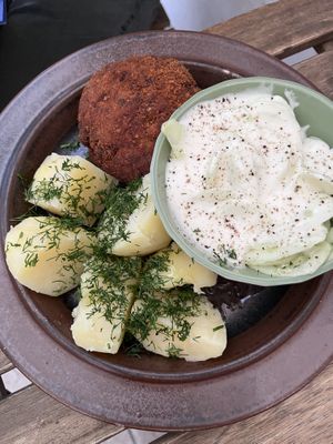 Polish minced soya ball with cucumber salad and potatoes. So tasty!  at no bones in Krakow