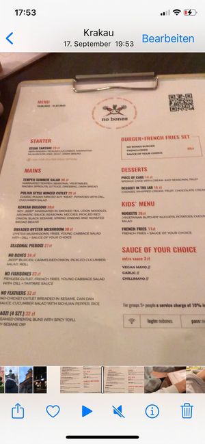 Menu at no bones in Krakow