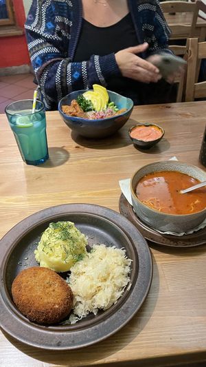 Vegan cotlett, bowl and tomato soup  at no bones in Krakow