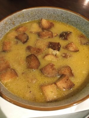 Pumpkin soup with garlic croutons  at no bones in Krakow