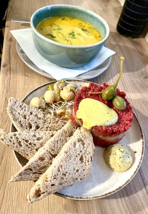 Vegan steak tartare and soup of the day   at no bones in Krakow