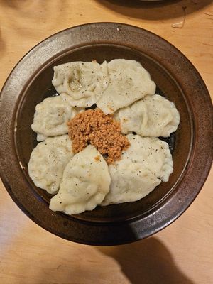 Broccoli and cheese pierogi (nice to try a flavor that isn't a tradionaly vegan) at no bones in Krakow