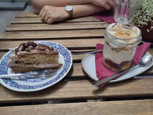 Chocolate-coffee sponge cake & "jar dessert" (cookies, fruit, chocolate, whipped cream) at no bones in Krakow