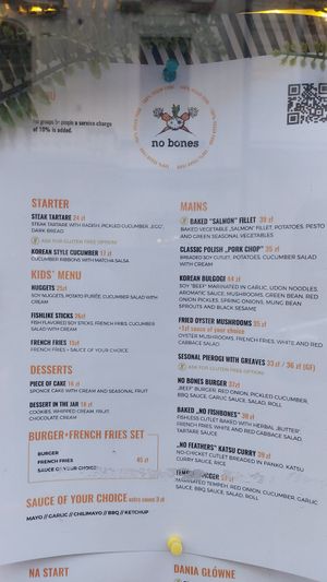 Menu at no bones in Krakow