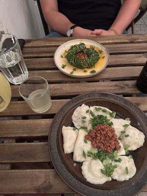 Cucumber thing and perogi  at no bones in Krakow