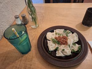 Pierogi and lemonade,  both very tasty at no bones in Krakow