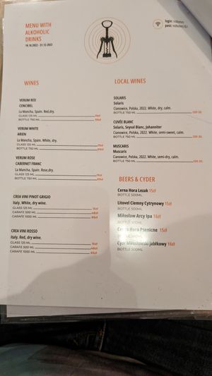 Drinks menu at no bones in Krakow