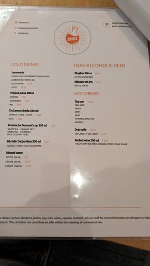 Non alcohol drinks menu at no bones in Krakow