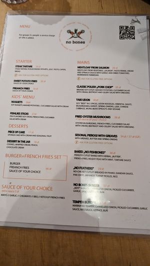 Food menu at no bones in Krakow