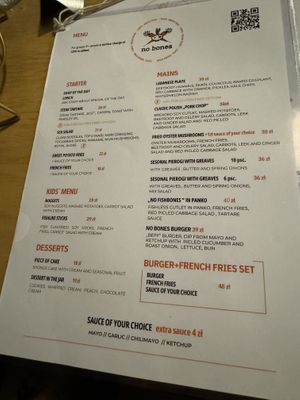 Menu  at no bones in Krakow