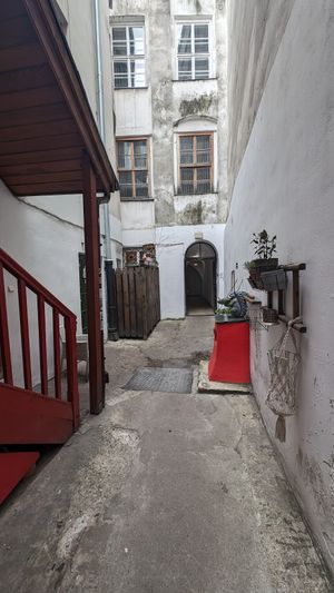 First courtyard before the outdoor dining area at no bones in Krakow