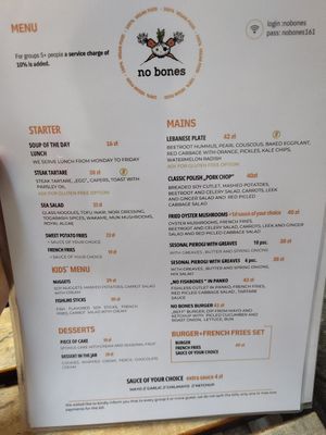 Menu at no bones in Krakow