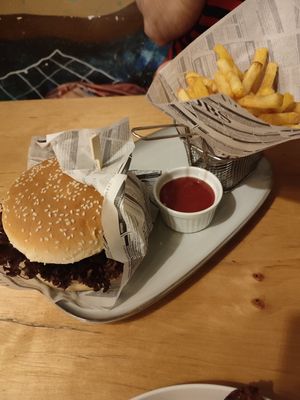 No bones burger with fries at no bones in Krakow