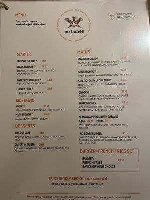 Menu  at no bones in Krakow